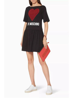 Moschino Heart Dress Black Logo Mini Cotton